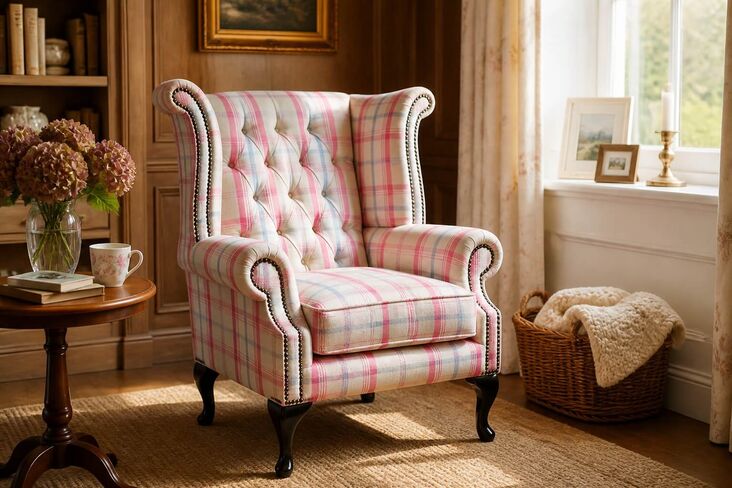 Chesterfield Queen Anne Wing Chair High Back Armchair Balmoral Sorbet Checked Fabric P&S