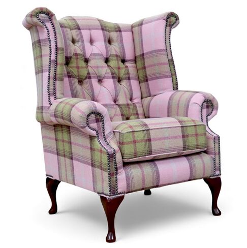 Chesterfield Queen Anne Wing Chair High Back Armchair Balmoral Watermelon Checked Fabric P&S