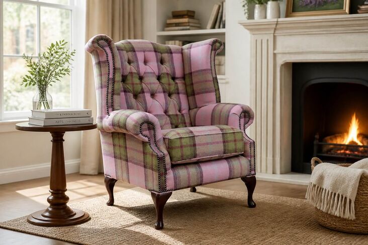 Chesterfield Queen Anne Wing Chair High Back Armchair Balmoral Watermelon Checked Fabric P&S