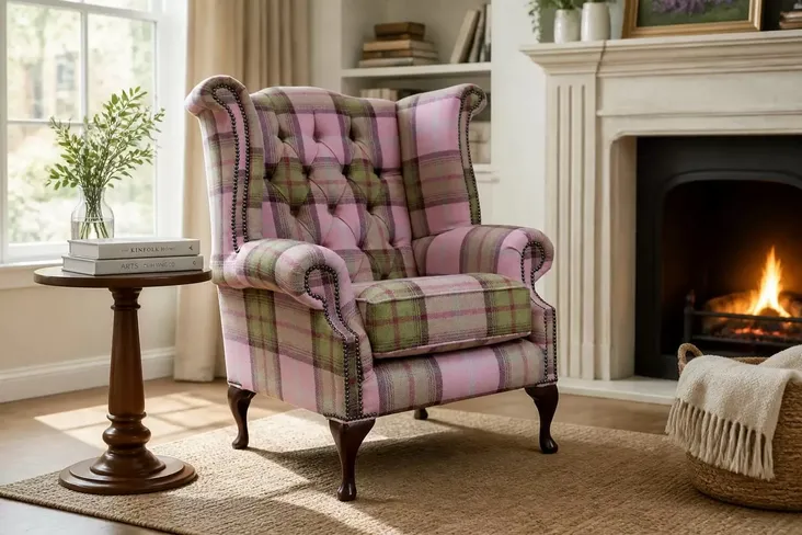 Chesterfield Queen Anne Wing Chair High Back Armchair Balmoral Watermelon Checked Fabric P&S