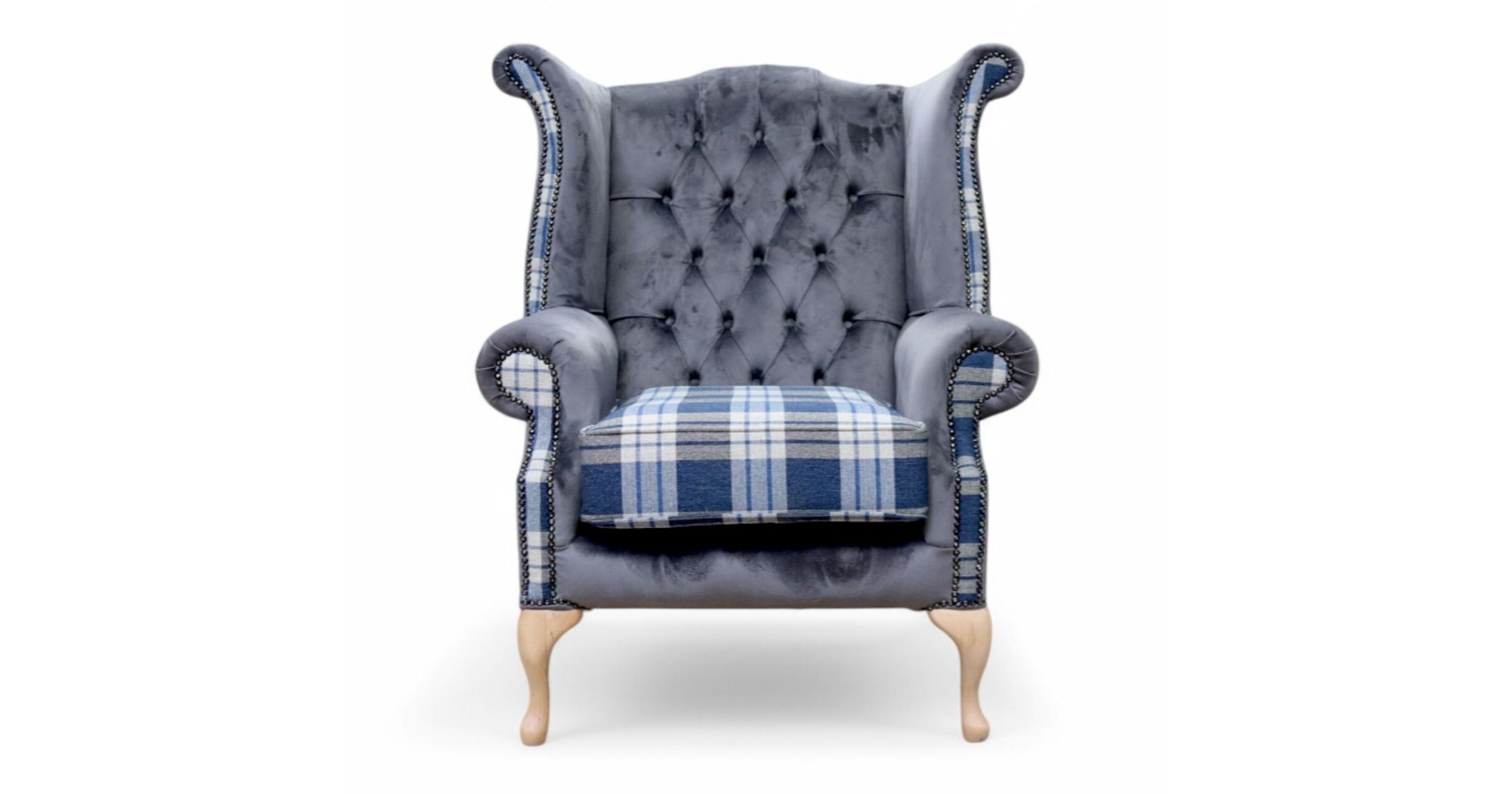 Wing Chair in Indigo Check Grey Velvet Fabric by Chesterfield