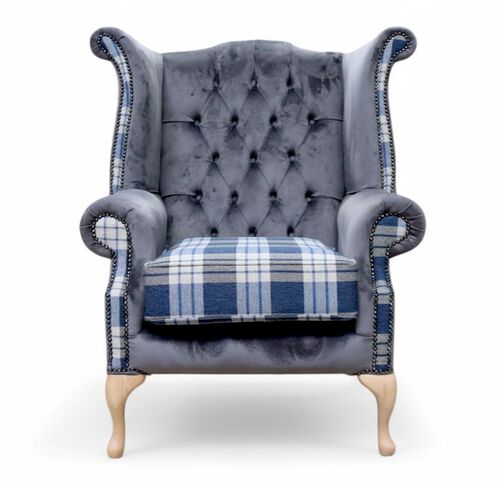 Chesterfield Queen Anne Wing Chair High Back Armchair Kintyre Indigo Check And Grey Velvet Fabric