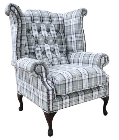 Chesterfield Queen Anne Wing Chair High Back Armchair Piazza Grey Check Fabric