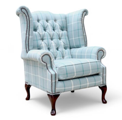Chesterfield Queen Anne Wing Chair High Back Armchair Piazza Square Check Aqua Fabric