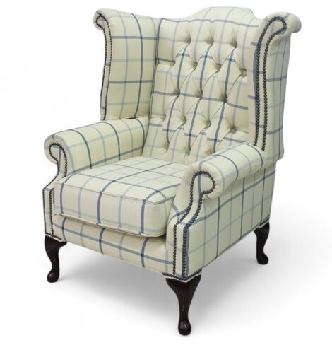 Chesterfield Queen Anne Wing Chair High Back Armchair Piazza Square Check Blue Fabric