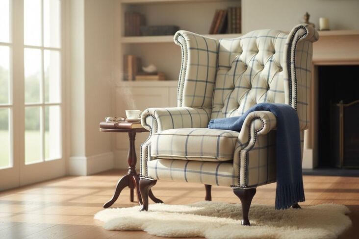 Chesterfield Queen Anne Wing Chair High Back Armchair Piazza Square Check Blue Fabric
