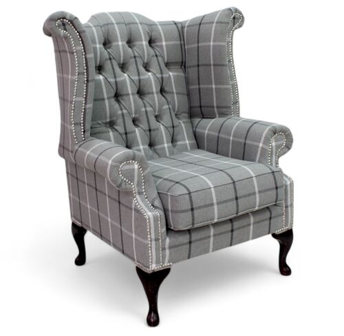 Chesterfield Queen Anne Wing Chair High Back Armchair Piazza Square Check Slate Fabric