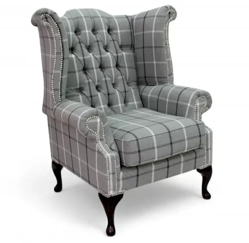 Chesterfield Queen Anne Wing Chair High Back Armchair Piazza Square Check Slate Fabric