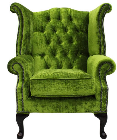 Chesterfield Queen Anne High Back Wing Chair Modena Pistachio Green Velvet