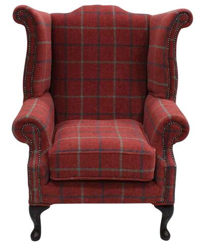 Chesterfield Saxon Queen Anne Wing Chair High Back Armchair Lana Square Check Terracotta Fabric