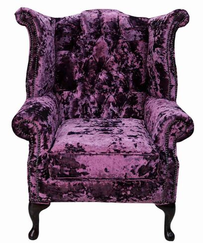 Chesterfield Velvet Queen Anne High Back Wing Chair Lustro Amethyst Purple