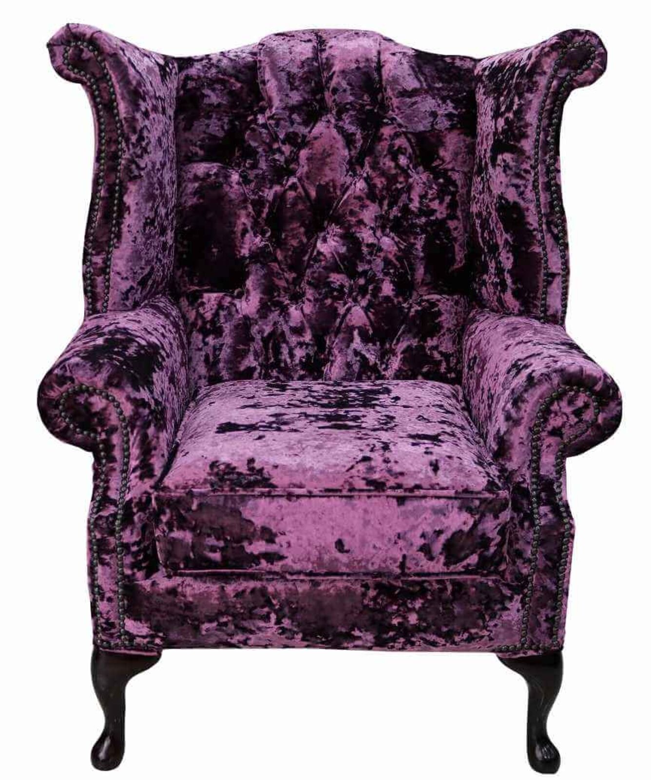 Product photograph of Chesterfield Velvet Queen Anne High Back Wing Chair Lustro Amethyst Purple from Designer Sofas 4U