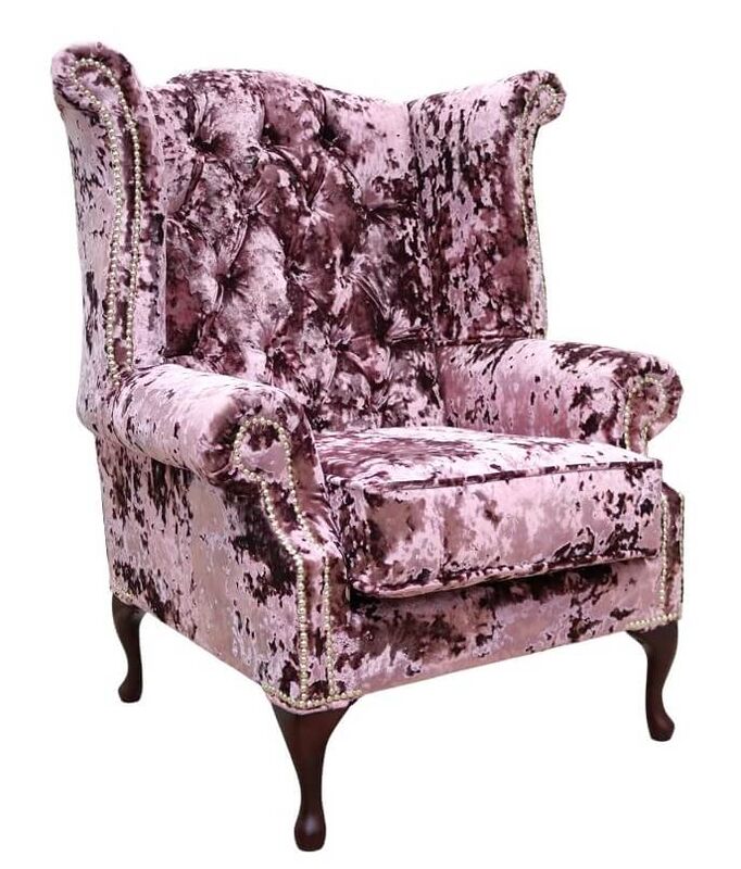 Product photograph of Chesterfield Velvet Queen Anne High Back Wing Chair Lustro Blush from Designer Sofas 4U