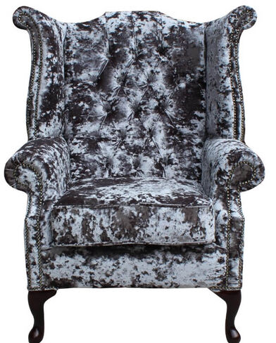 Chesterfield Velvet Queen Anne High Back Wing Chair Lustro Flint