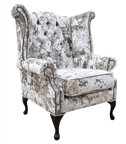 Chesterfield Velvet Queen Anne High Back Wing Chair Lustro Moonlight
