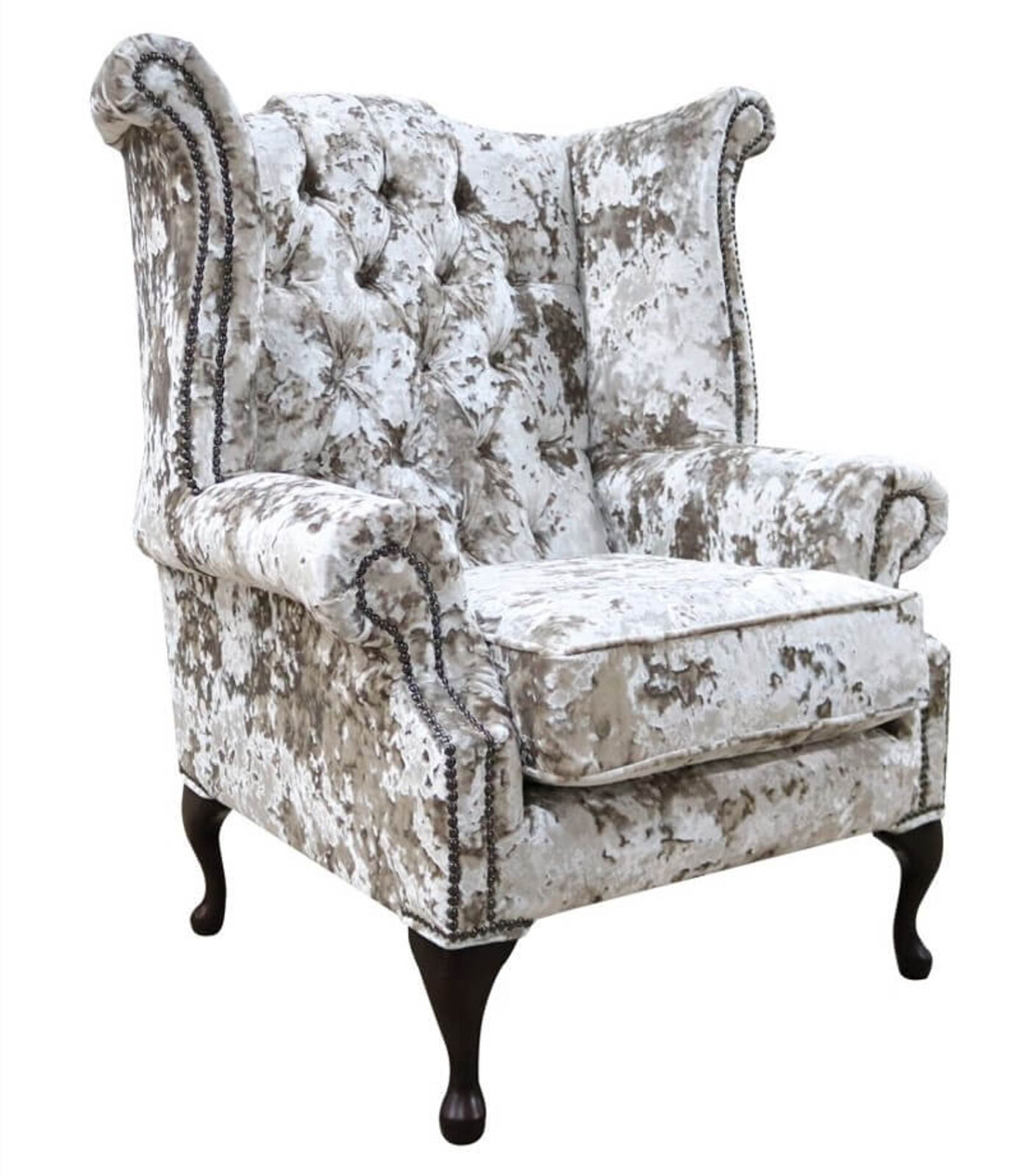 Product photograph of Chesterfield Velvet Queen Anne High Back Wing Chair Lustro Moonlight from Designer Sofas 4U
