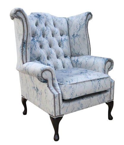 Chesterfield Queen Anne High Back Wing Chair Marble Effect Velvet Fabric