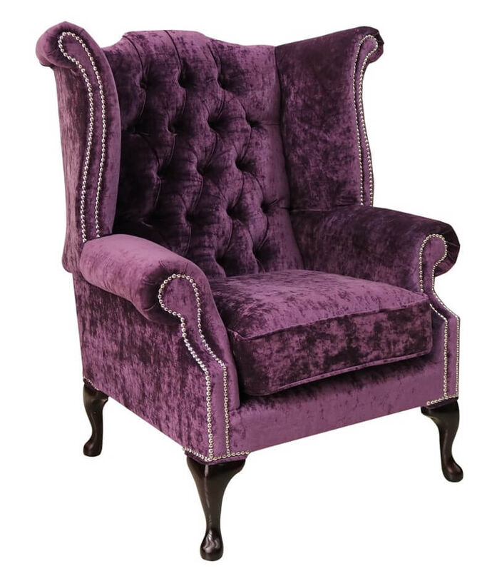 Product photograph of Chesterfield Queen Anne High Back Wing Chair Modena Amethyst Velvet from Designer Sofas 4U
