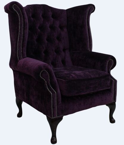 Chesterfield Queen Anne High Back Wing Chair Modena Aubergine Velvet