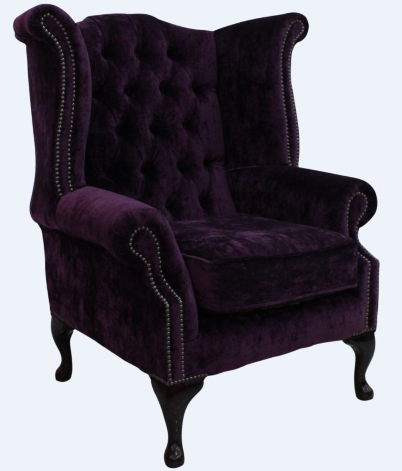 Product photograph of Chesterfield Queen Anne High Back Wing Chair Modena Aubergine Velvet from Designer Sofas 4U