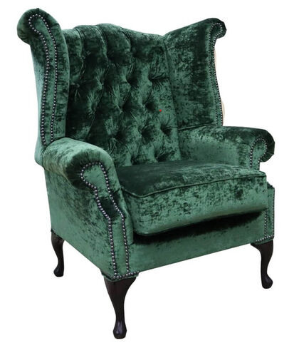 Chesterfield Queen Anne High Back Wing Chair Modena Forest Green Velvet