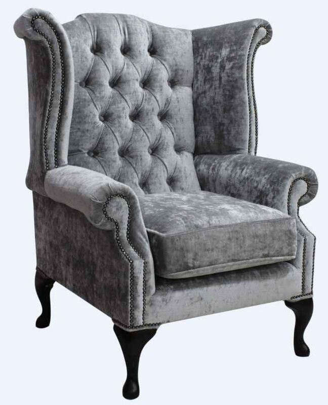 Product photograph of Chesterfield Queen Anne High Back Wing Chair Modena Silver Velvet from Designer Sofas 4U