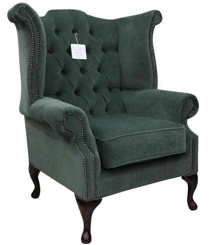 Chesterfield Fabric Queen Anne High Back Wing Chair Pimlico Ocean Green
