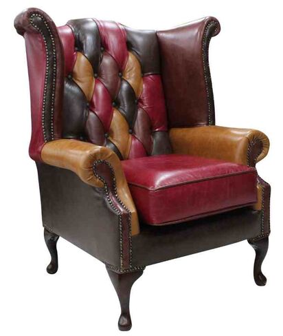 Chesterfield Patchwork Queen Anne Wing Chair Old English Real Leather