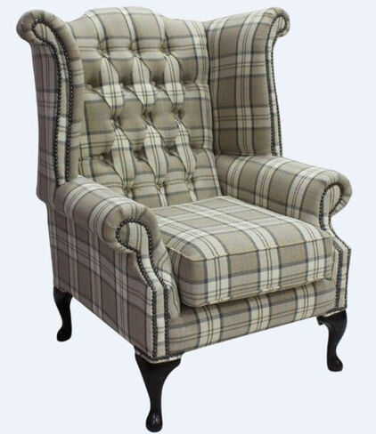 Chesterfield Queen Anne Wing Chair High Back Armchair Piazza Check Beige Fabric