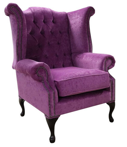 Chesterfield Queen Anne High Back Wing Chair Pimlico Grape Fabric