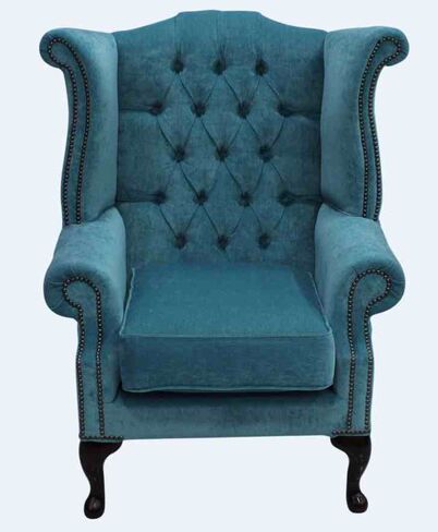 Chesterfield Genuine Queen Anne High Back chair Pimlico Teal Blue Velvet