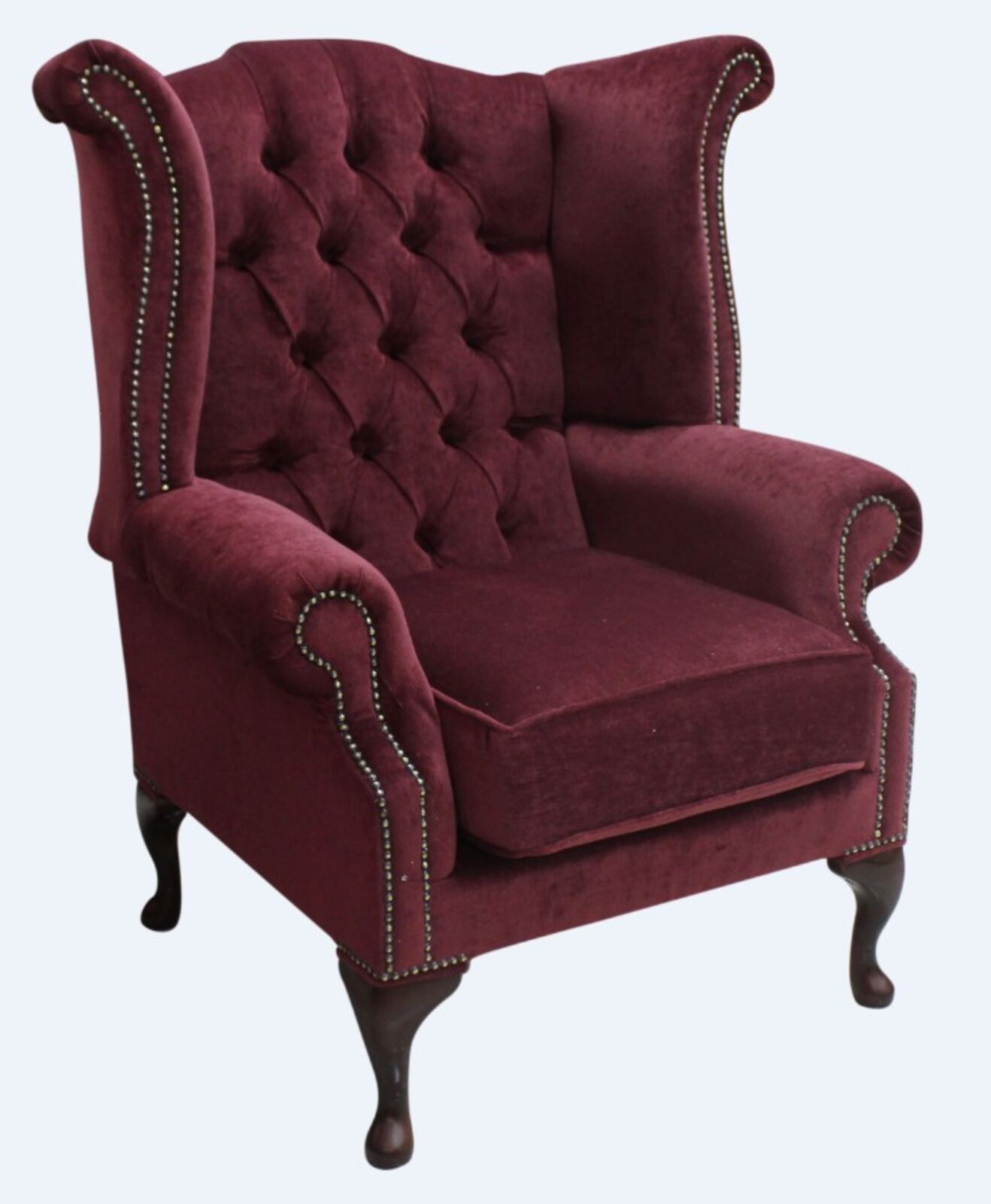Product photograph of Chesterfield Fabric Queen Anne High Back Wing Chair Pimlico Wine from Designer Sofas 4U