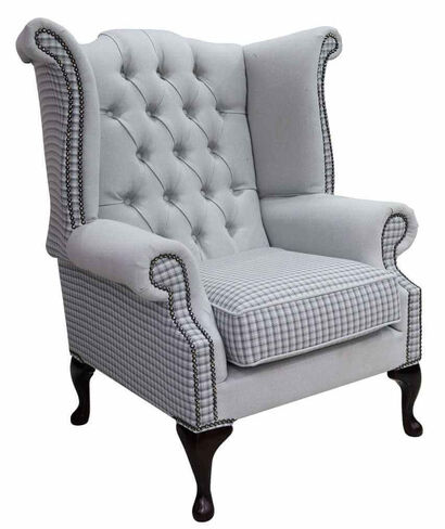 Chesterfield Queen Anne High Back Wing Chair Quattro Sky Fabric
