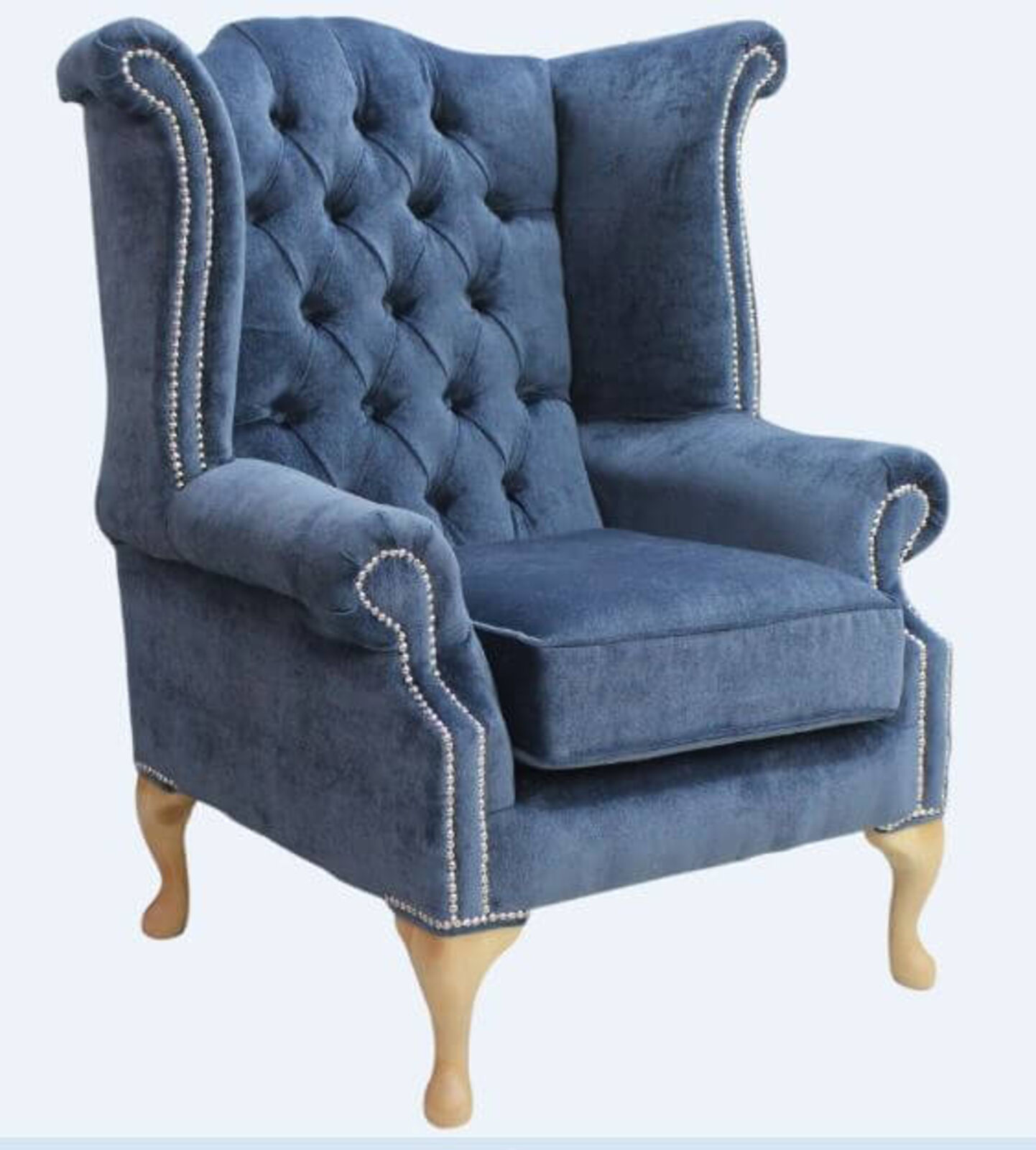 Product photograph of Chesterfield Queen Anne High Back Wing Chair Velluto Blue Amp Hellip from Designer Sofas 4U