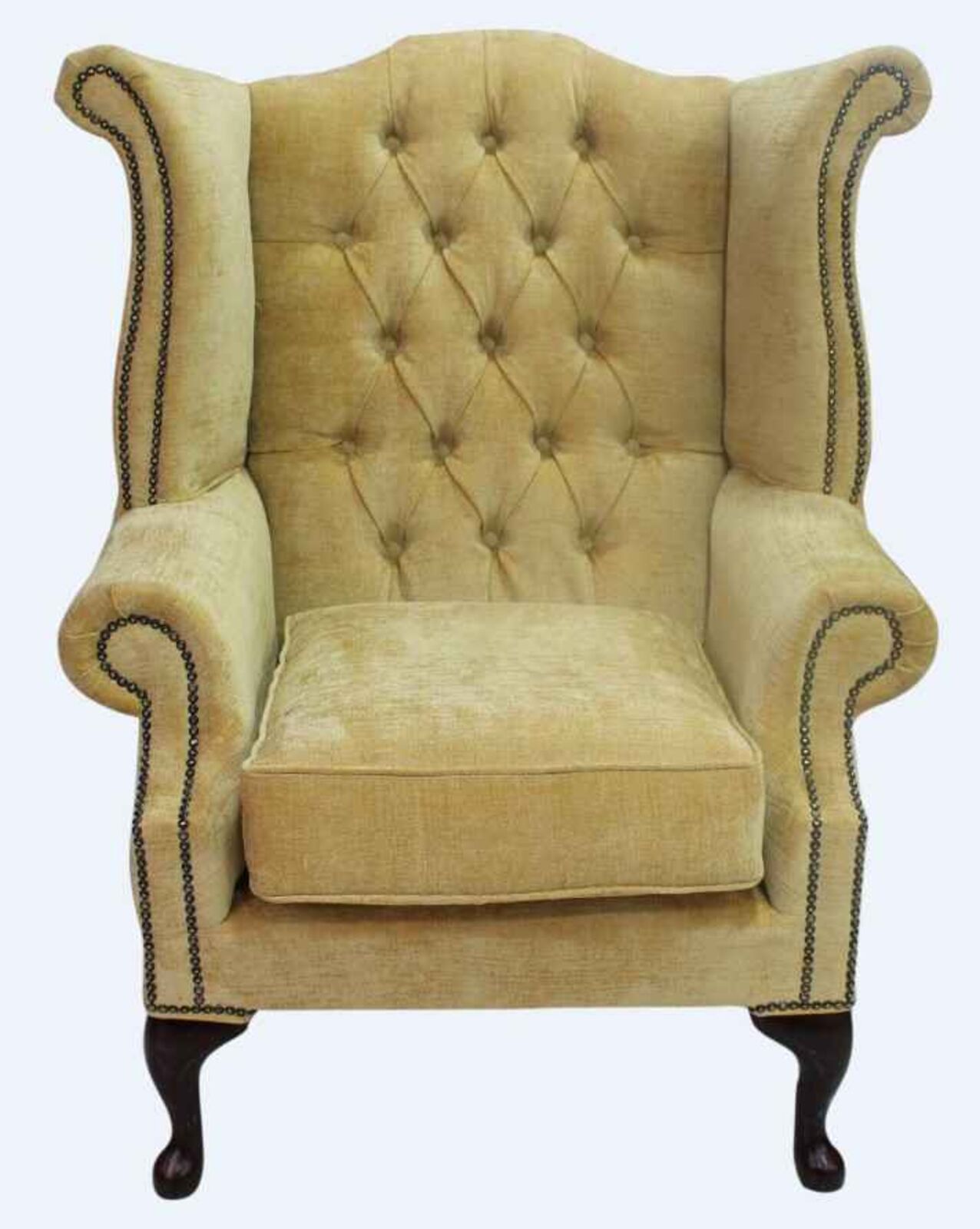 Product photograph of Chesterfield Fabric Queen Anne High Back Wing Chair Velluto Gold from Designer Sofas 4U