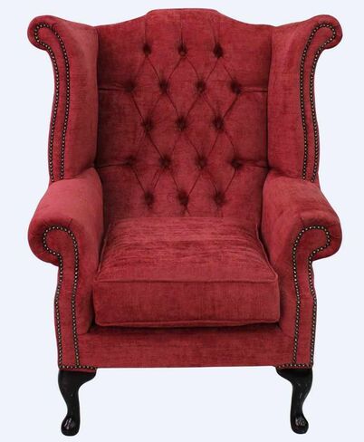 Chesterfield Fabric Queen Anne High Back Wing Chair Velluto Red