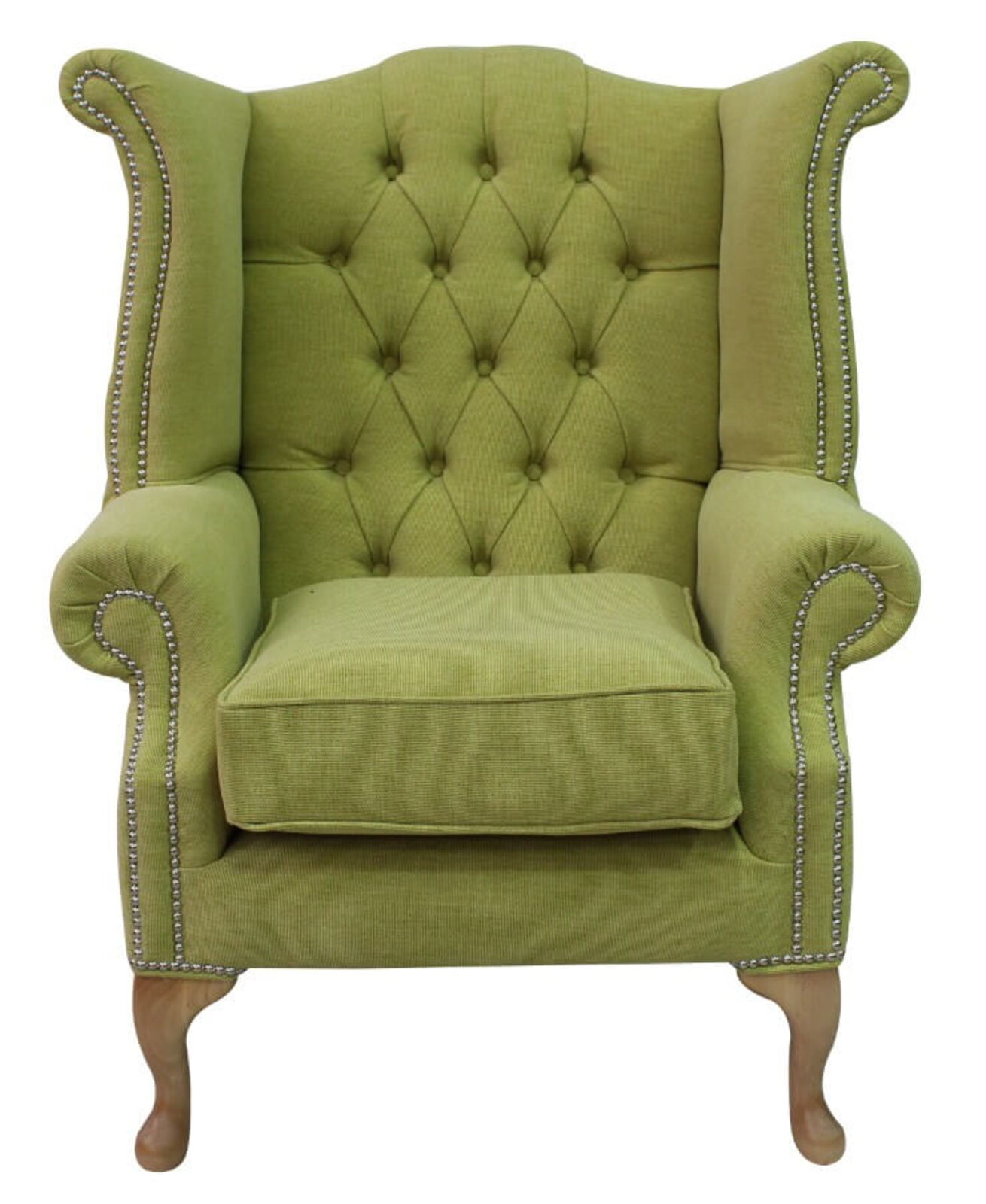 Product photograph of Chesterfield Queen Anne High Back Wing Chair Verity Lime Green Fabric from Designer Sofas 4U