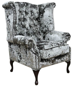 Chesterfield Velvet Queen Anne High Back Wing Chair Lustro Minstral