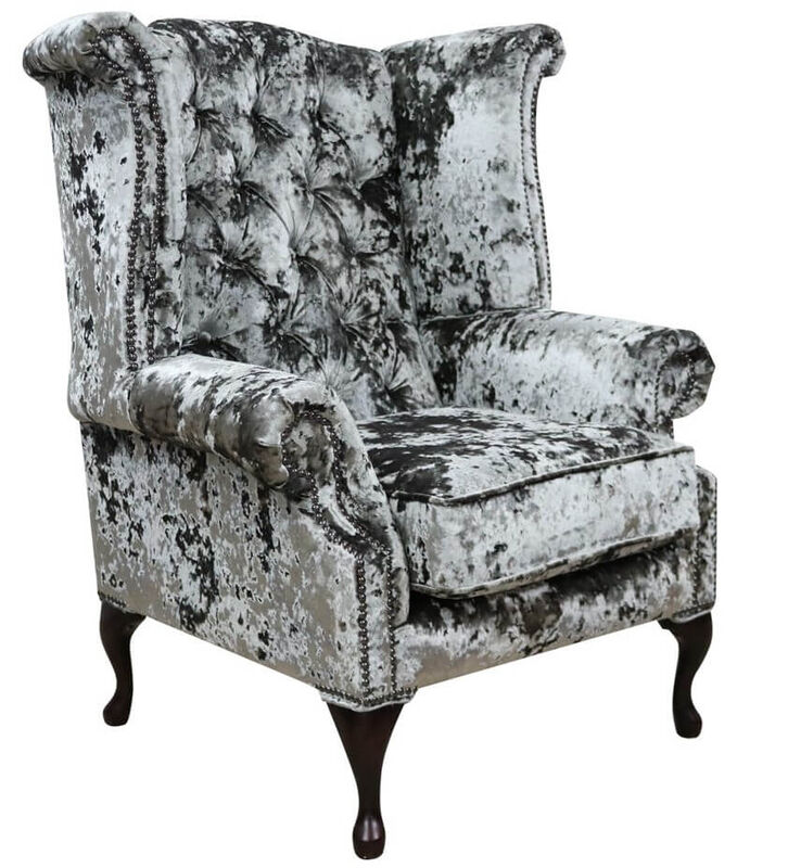 Product photograph of Chesterfield Velvet Queen Anne High Back Wing Chair Lustro Minstral from Designer Sofas 4U