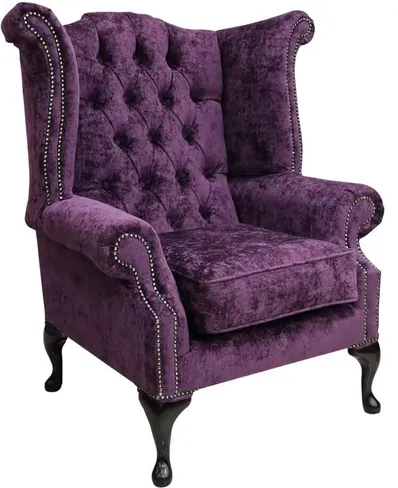 Chesterfield Queen Anne High Back Wing Chair Nuovo Plum Fabric