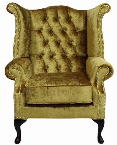 Chesterfield Queen Anne High Back Wing Chair Boutique Gold Velvet