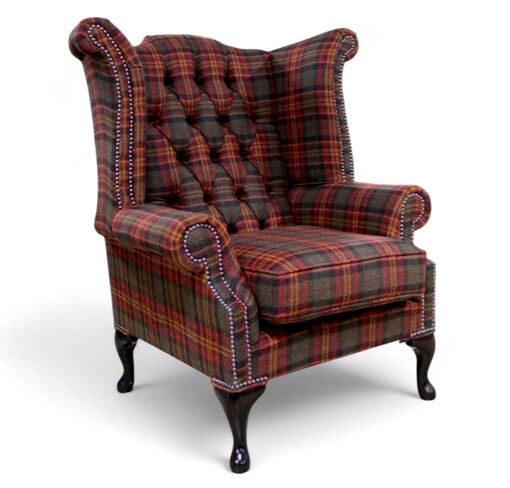 Chesterfield Queen Anne Wool Tweed Wing Chair Fireside High Back Armchair Sandringham Mandarin Check