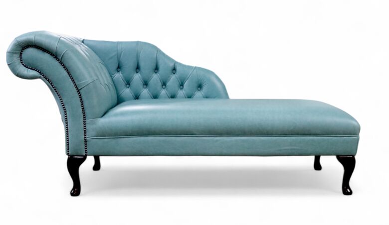 Chesterfield Real Leather Chaise Lounge Day Bed Old English Placid Lake Blue