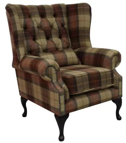 Chesterfield Regent Wool Tweed Wing Chair Fireside High Back Armchair Wool Plaid Rosehip Wine