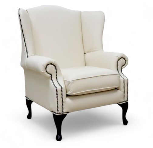 Chesterfield Saxon Bloomsbury Flat Wing Queen Anne High Back Wing Chair Cottonseed Cream Leather