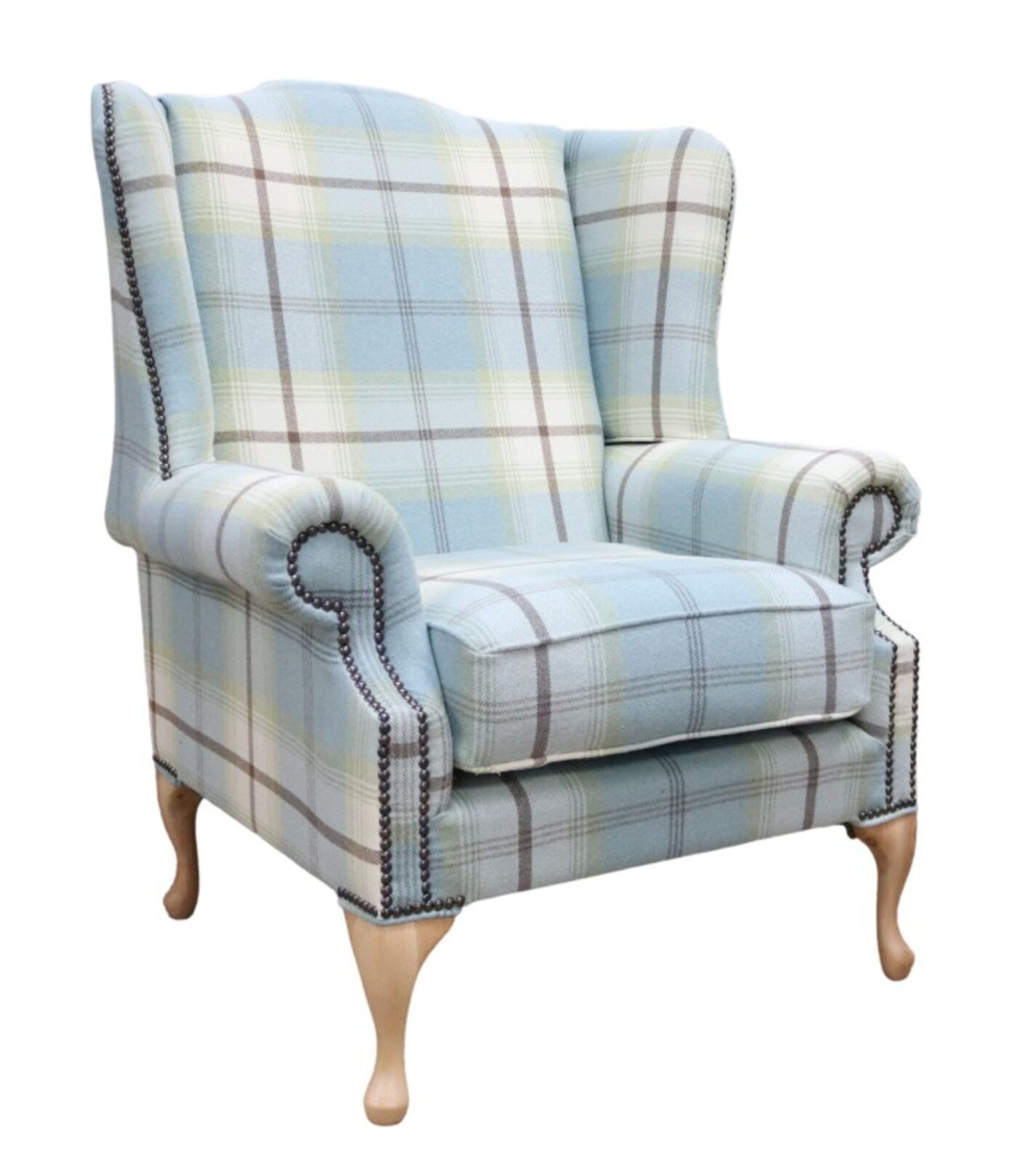 Product photograph of Chesterfield Saxon Mallory High Back Wing Chair Balmoral Duck Egg Check P Amp S Fabric from Designer Sofas 4U