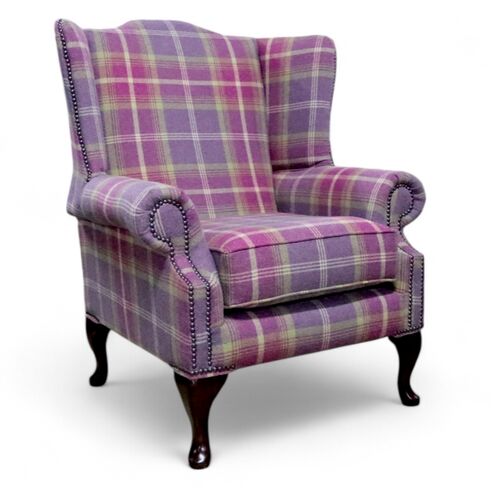Chesterfield Saxon Mallory High Back Wing Chair Balmoral Amethyst Check P&S Fabric