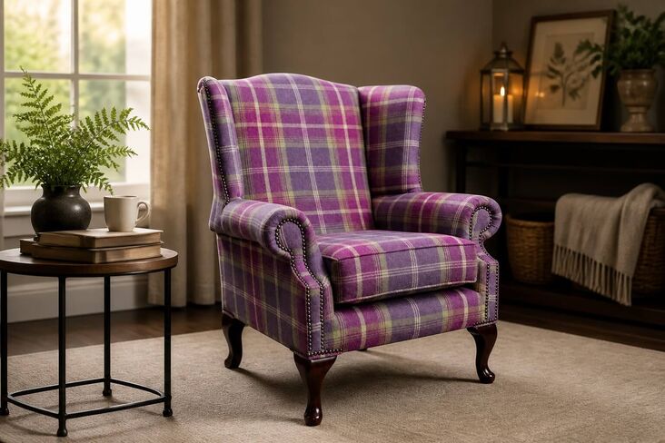 Chesterfield Saxon Mallory High Back Wing Chair Balmoral Amethyst Check P&S Fabric