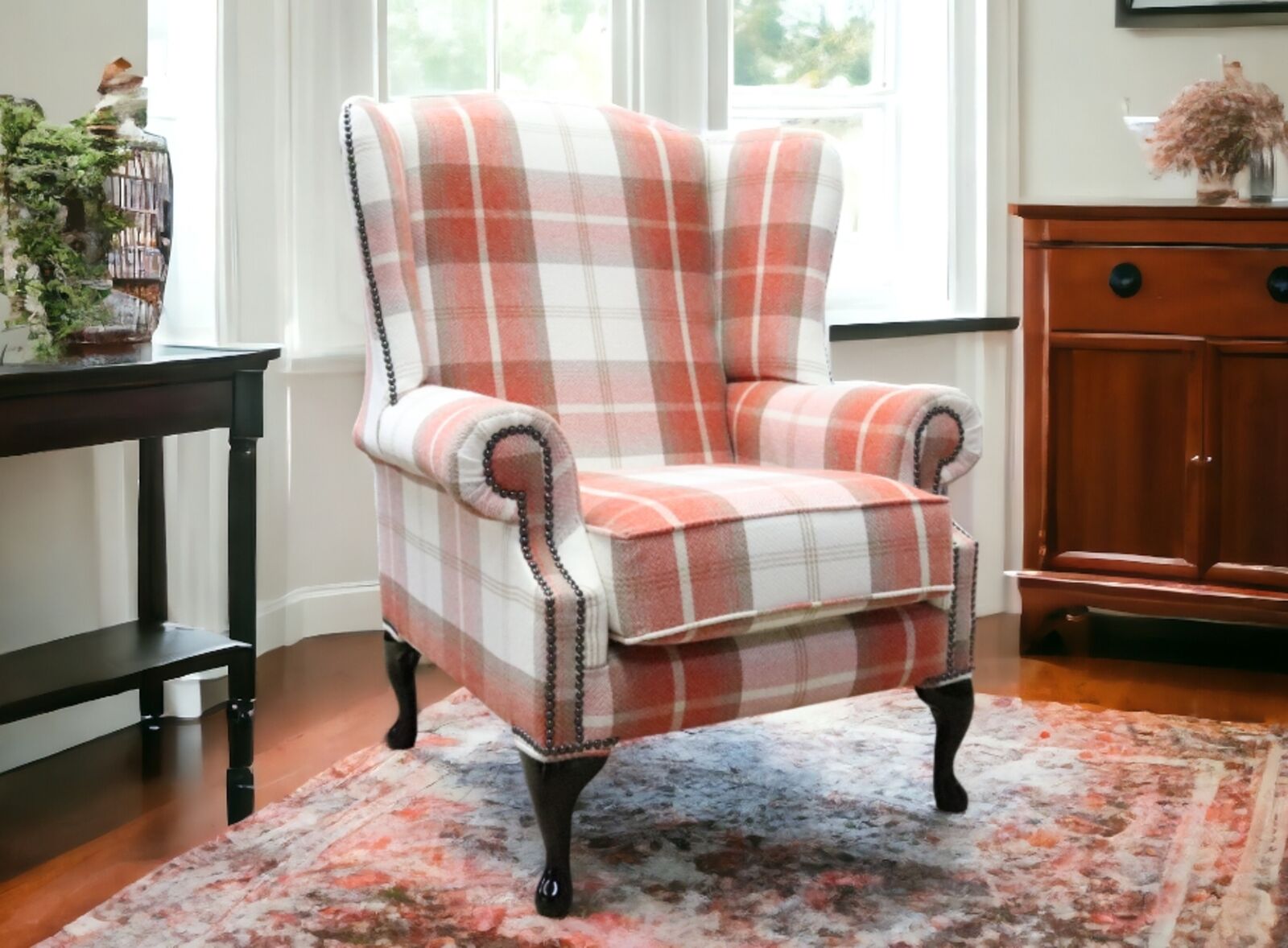 Product photograph of Chesterfield Saxon Mallory High Back Wing Chair Balmoral Burnt Orange Check P Amp S Fabric from Designer Sofas 4U