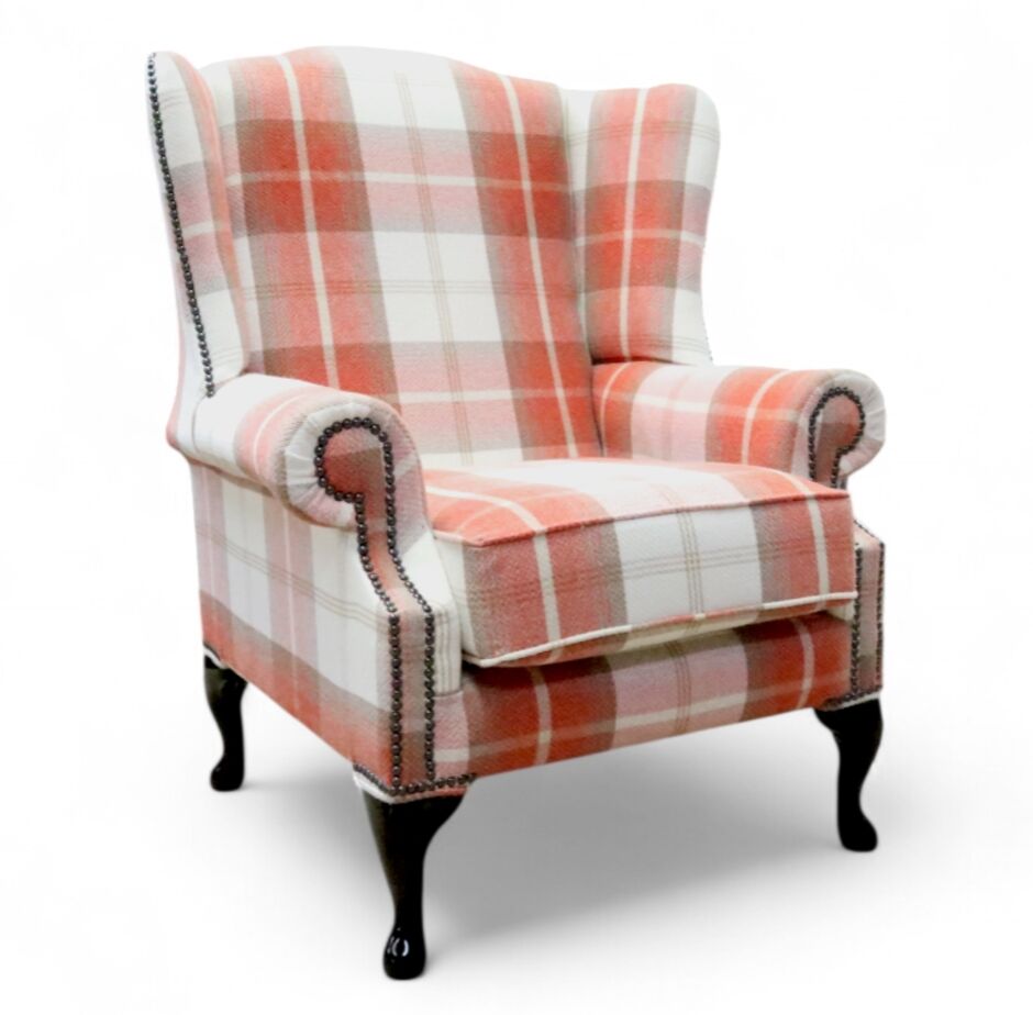 Chesterfield Saxon Mallory High Back Wing Chair Balmoral Burnt Orange Check P&S Fabric 1